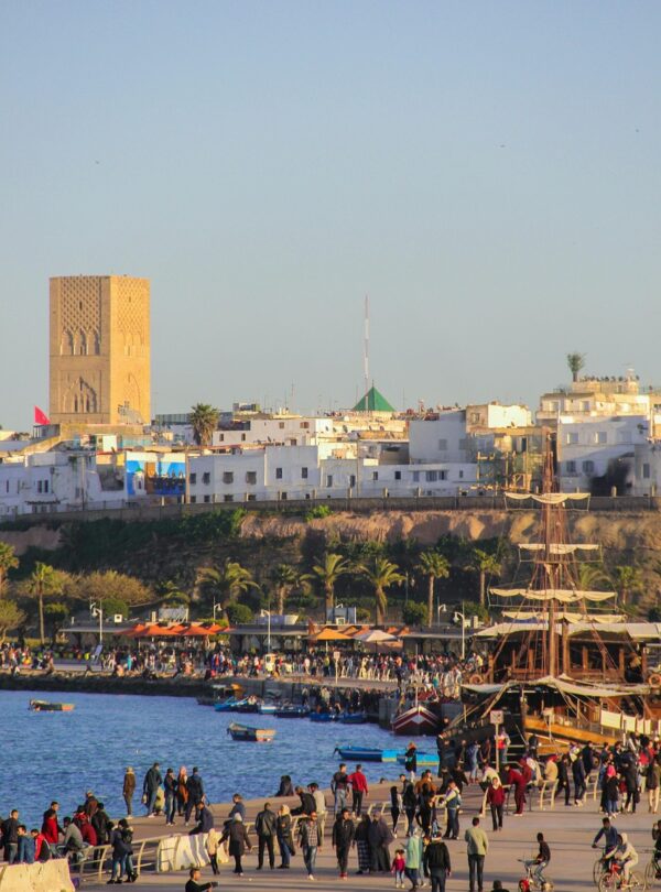 rabat, morocco, beach, hassan tower, tower, islam, mosque, people, nature, crowd