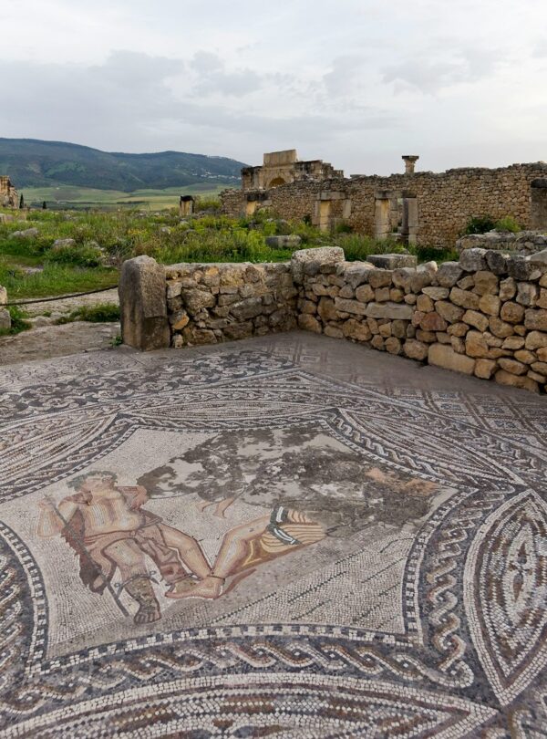 A mosaic in the middle of a stone floor