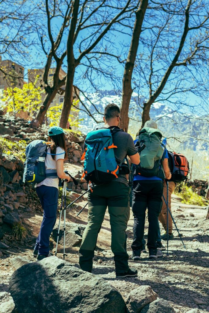 a group of hikers trekking up a rocky trail